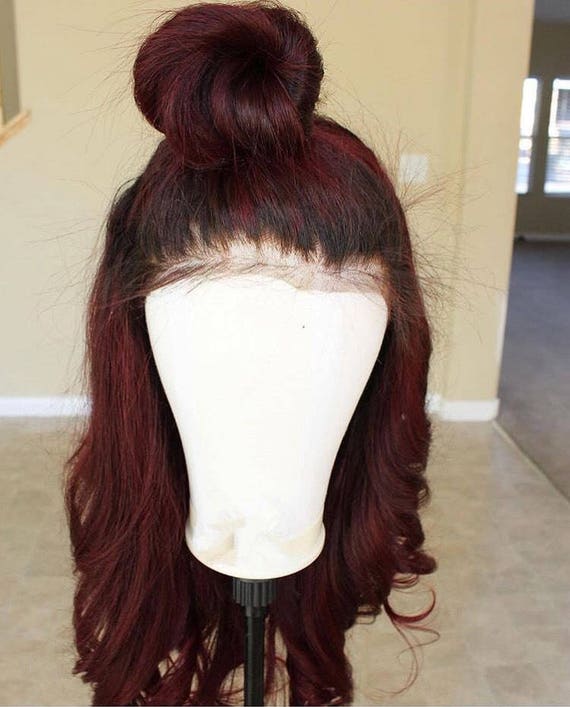 Deluxe Burgundy Lace Frontal Wig Human Hair Wig Dark Roots Customised Hairline Baby Hairs Quick Turnaround Time Uk Us