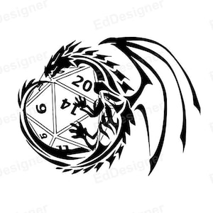 Könnte beinhalten: Schwarz-weiß-Illustration eines Drachen, der sich um einen zwanzigseitigen Würfel wickelt.