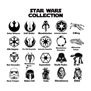 May include: A black and white graphic featuring the Star Wars Collection. The image includes logos and characters such as the Rebel Alliance, Jedi Order, Mandalorian, Darth Vader, and the Millennium Falcon. Text at the top reads "STAR WARS COLLECTION."
