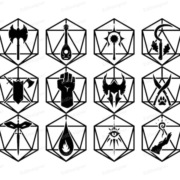 DnD Classes D20, Dungeons & Dragons Vector, Dungeon Master Dice Design, DnD Vector Clip Art, Twenty Sided Dice Art SVG, PNG, DXF, Eps, jpg