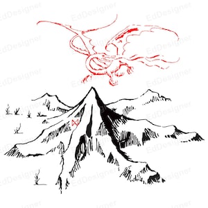 May include: A black and white illustration of a mountain range with a red dragon flying above. The mountain range has a jagged peak and a valley in the center.