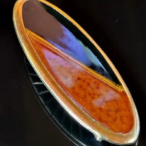 Vintage Yves Saint Laurent (YSL) Brooch 1970s-80s Oval Gold-Tone Lucite Orange/Black Signed COA