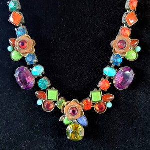 Mary DeMarco Necklace Rainbow Jewels Flowers Pewter Holding Hands Clasp Signed Authentic...Charming!