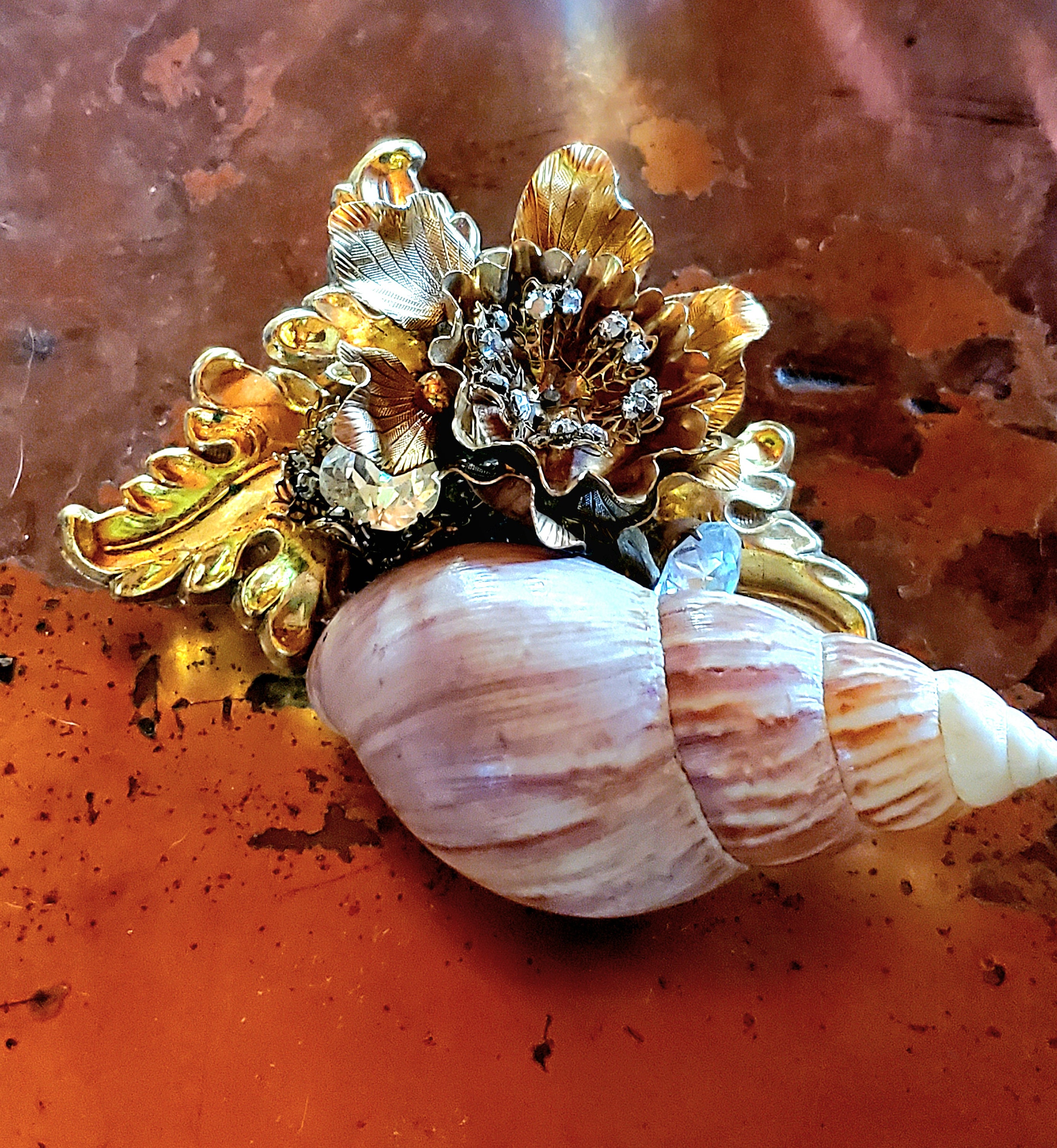 Lawrence Vrba Brooch HUGE GIGANTIC Seashell Floral Crystals Gold Tone Metal Signed..Fabulous!