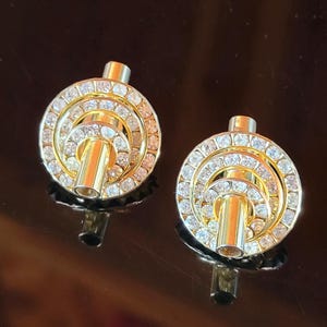 Les Bernard Clip On Earrings Bold 80s Design Gold Plated Rhinestones Signed
