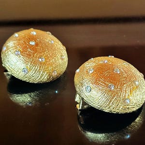 Vintage Christian Dior Earrings Clip-on Domes Brushed Gold Plated Clear Rhinestones 1980s COA...Glamorous!