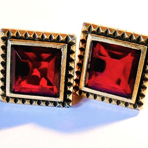 Vintage YSL Yves Saint Laurent Earrings Large Square Clip-Ons Dark Red Glass Aged Brass Finish 1980s Signed