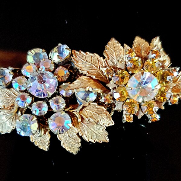 Miriam Haskell Brooch Goldtone Leaves Clear Amber Colored Rhinestones Signed