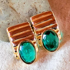 Les Bernard Earrings Clip-Ons 1980s Green Faux Crystals Gold Plated...Bold...Chic!