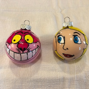 Alice in Wonderland Christmas ornaments Cheshire Cat mad hatter queen of hearts March hare white rabbit tweedle dee tweedle dum