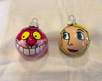 Alice in Wonderland Christmas ornaments Cheshire Cat mad hatter queen of hearts March hare white rabbit tweedle dee tweedle dum
