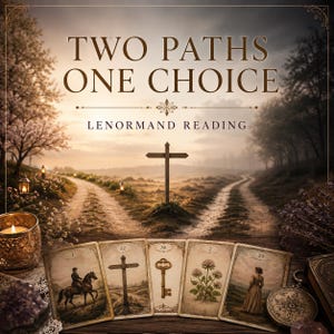May include: A Lenormand reading display featuring five cards with illustrations of a rider, a cross, a key, clover, and a woman. The text reads TWO PATHS ONE CHOICE and LENORMAND READING above a landscape with a wooden signpost at a fork in the road.