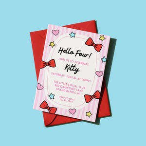May include: A rectangular invitation card with a pink and white striped background, featuring red bows, colourful stars, and hearts. The text reads: Hello Four! JOIN US TO CELEBRATE Kitty SATURDAY, JUNE 24 AT 1:00PM THE LITTLE SOCIAL CLUB 803 OAKWOOD LANE GRAND RAPIDS, MI RSVP TO ROSE 123.456.7890. The card is placed on a red envelope.