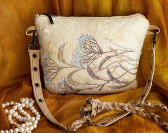 Small crossbody felted bag, silk embroidery floral art, merino wool bag, fiber wereable art, cosmetic bag, clutch, gift, field flower