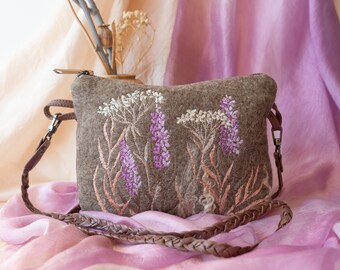 Unique crossbody bag, silk embroidery floral art, merino felted bag, fiber wereable art, cosmetic bag, clutch, gift, field flower, lavander