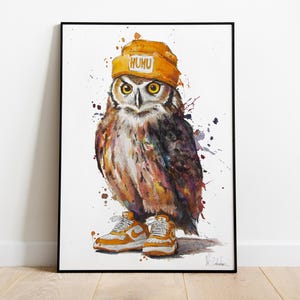 Coole Eule mit Beanie & Sneakers - Limitierter Kunstdruck, Aquarell Illustration von J.M.Salvatore, Wandkunst