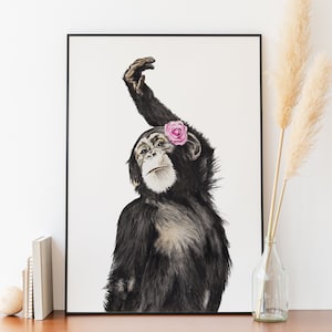 Peut inclure: Une illustration en noir et blanc d'un chimpanzé avec une fleur rose derrière l'oreille, encadrée dans un cadre noir.