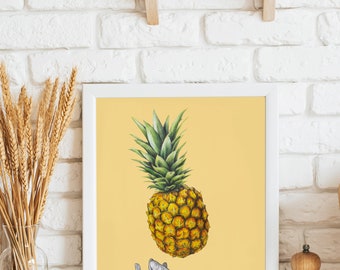 Pineapple Kitchen Art Print Fruit Flying Illustration Minimalist Poster Fine Art Print Wall Print Original Gift