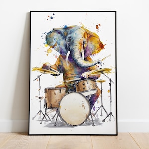 Little Drummer Boy - Elefante en tambores impresión de arte de acuarela para amantes de la música y el arte