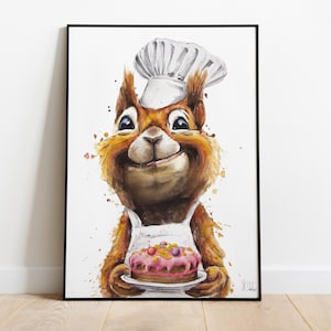 Proud Baker - Dierenaquarel - Kleurrijke kunstprint als wanddecoratie voor in de keuken