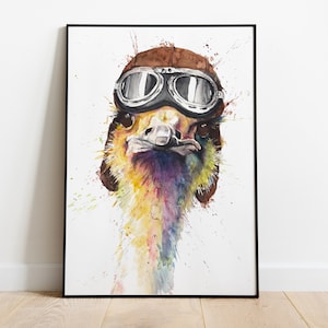 Ostrich with Cap Pilot Airplane Aviator Watercolor Art Print Wall Art Unique Poster Ideal Gift Fine Art Print Wall Print