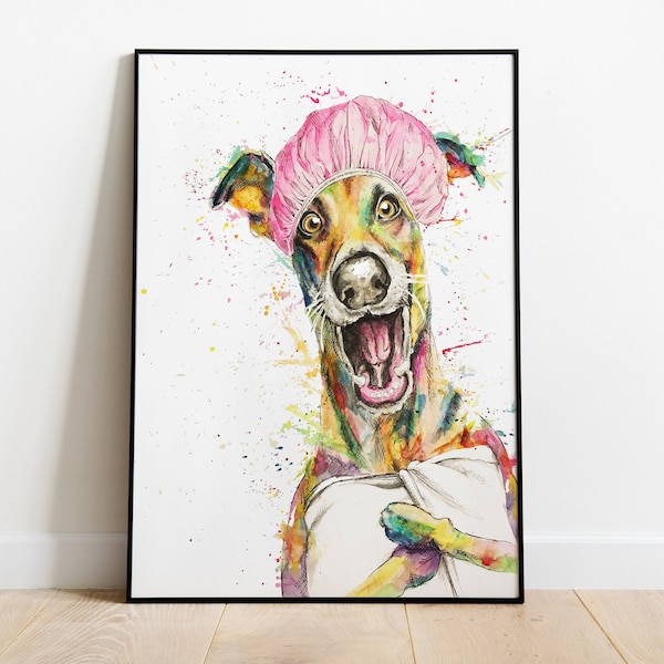 Dog with bathing cap, limited edition art print, funny bathroom poster, watercolor picture, bathtub wall art, print ideal gift wall print