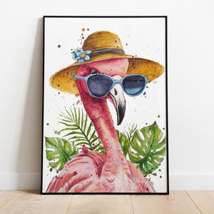 Divertente poster di fenicotteri – Acquerello tropicale con occhiali da sole e cappello di paglia – Arte murale estiva – Immagine di animali bohémien – Idea regalo per le feste