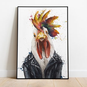 Rock &#39;n&#39; Roll Chicken – Cool punk chicken with leather jacket art print for music fans