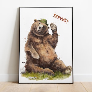 Póster de oso feliz: Impresión animal en acuarela con el saludo "Servus" | Lindo arte de pared | Decoración de cabañas alpinas