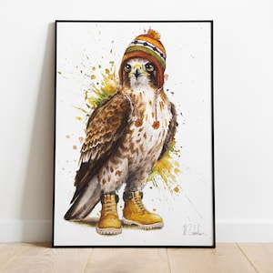 Stylischer Adler mit Wintermütze & Boots - Limitierter Kunstdruck, Aquarell Illustration von JMSalvatore