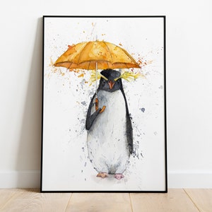 Jeff el pingüino gruñón: impresión artística en acuarela con un paraguas divertido | Decoración de pared única