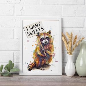 VOGLIO I DOLCI – Procione AnimalPoster | Arte murale umoristica | Graziosa decorazione murale | JMSalvatore
