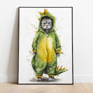 Gato gruñón en pijama: divertida impresión artística de acuarela para los gruñones matutinos | Arte de pared con encanto