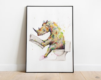 Rhino on Toilet, Nashorn, Badezimmer Aquarell Kunstdruck,  Limitiertes Poster,  Fröhlicher WandDruck, einzigartige Poster ideales Geschenk