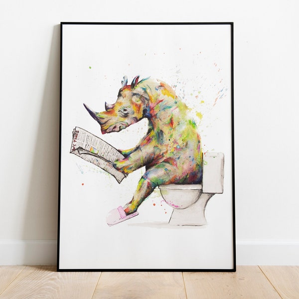 Rhino on Toilet, Nashorn, Badezimmer Aquarell Kunstdruck,  Limitiertes Poster,  Fröhlicher WandDruck, einzigartige Poster ideales Geschenk