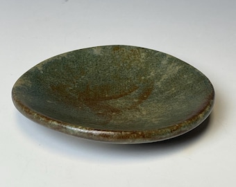 Handmade stoneware ring dish, matcha shino green gloss trinket dish, small jewelry catchall, 3 inch, food safe, one of a kind