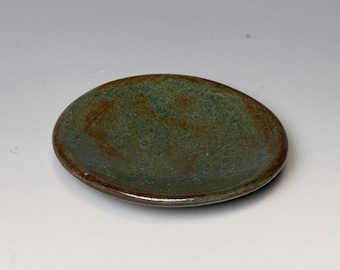 Handmade stoneware ring dish, matcha shino green gloss trinket dish, small jewelry catchall, 3 inch, food safe, one of a kind