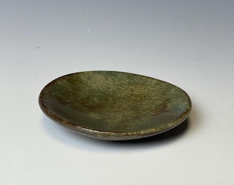 Handmade stoneware ring dish, matcha shino green gloss trinket dish, small jewelry catchall, 3 inch, food safe, one of a kind