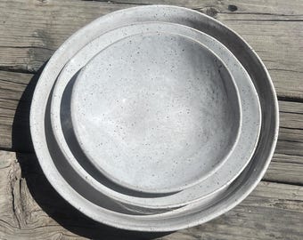 Handmade ceramic dinnerware set, 3 piece place setting, white  dinner plate set (9” 7” 4.5”), made in Los Angeles
