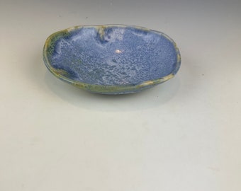 5” blue green shino trinket dish plate b046