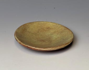 Handmade stoneware ring dish, oolong shino green gloss trinket dish, small jewelry catchall, 3 inch, food safe, one of a kind