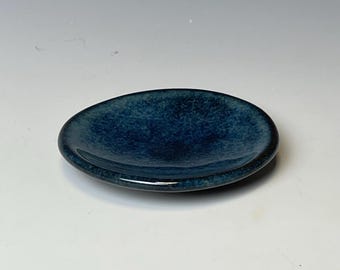 Handmade stoneware ring dish, blue sapphire trinket dish, small jewelry catchall, 3 inch, food safe, one of a kind