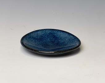 Handmade stoneware ring dish, blue, sapphire gloss trinket dish, small jewelry catchall, 3 inch, food safe, one of a kind