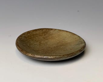 Handmade stoneware ring dish, oolong shino green gloss trinket dish, small jewelry catchall, 3 inch, food safe, one of a kind