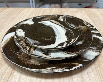 Handmade ceramic stoneware dinnerware set, 3 piece place setting, marble dinner plate set (9” 7” 4.5”), made in Los Angeles
