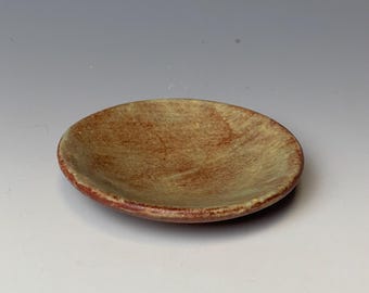 Handmade stoneware ring dish, oolong shino green gloss trinket dish, small jewelry catchall, 3 inch, food safe, one of a kind