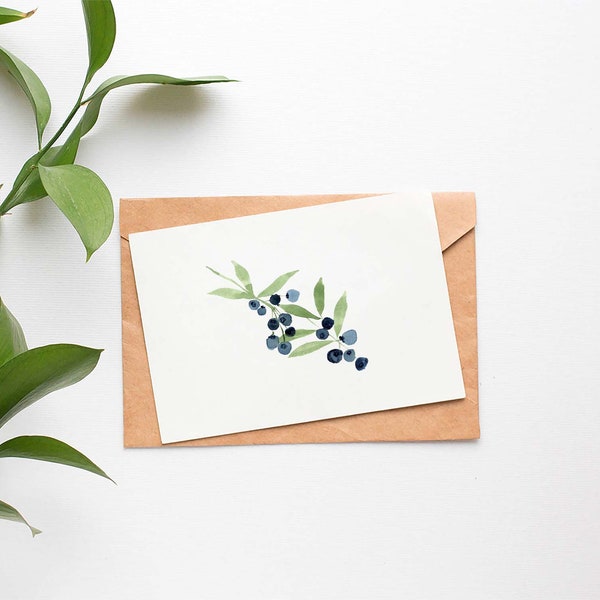 Watercolor Blueberry Stationery Set, Watercolor Blueberry Greeting Card