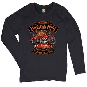 Camiseta feminina original de manga comprida do American Pride Live to Ride, tradição atemporal, motociclista para sempre, entusiasta de motocicletas, presente para motociclista