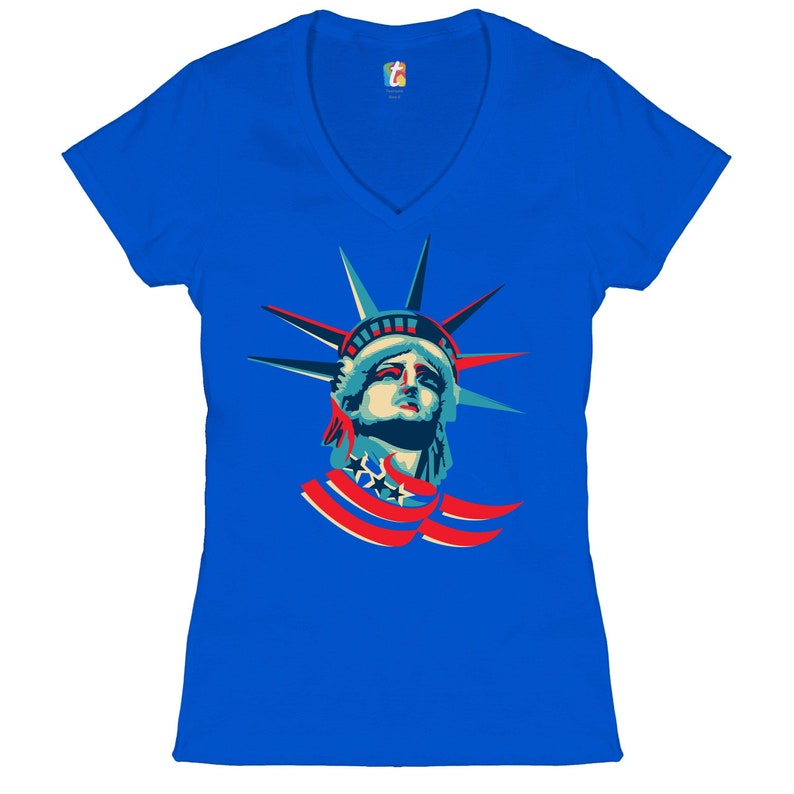 Statue of Liberty Women/'s V-Neck T-shirt 4th of July Stars and Stripes Independence Day Freedom Lady Liberty NYC Manhattan Tee