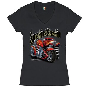 Smokin & Strokin Women&#39;s V-Neck T-shirt Chopper, Biker, Hot Rod, Live to Ride, Retro, Vintage, Motorcycle, Route 66, Gift for Mechanic Tee